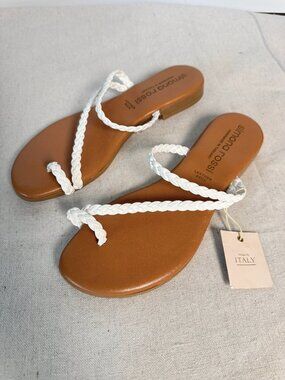 Sz 39 8 - 8.5 Simona Rossi Leather Flat Sandals White Braided Straps Thong Boho